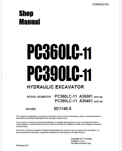 Komatsu PC360LC-11 Hydraulic Excavator Pdf Shop Repair Service Manual Sn A35001 and UP
