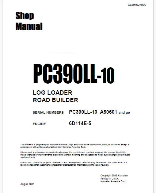 Komatsu PC390LL-10 Log Loader Road Builder Pdf Shop Repair Service Manual Sn A50601 and UP