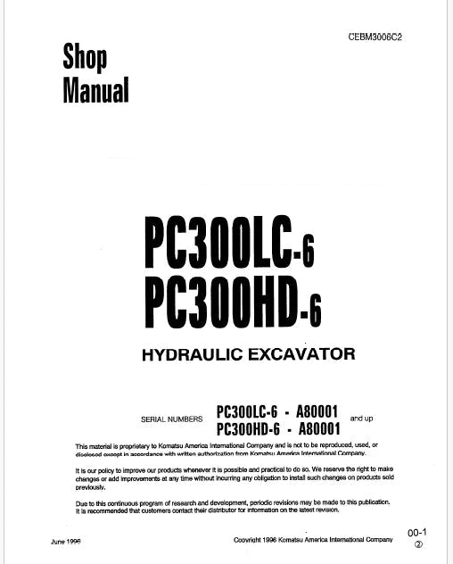 Komatsu PC3OOLC-6, PC300HD-6 Hydraulic Excavator Pdf Shop Repair Service Manual Sn A80001 and UP