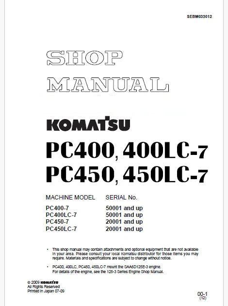 Komatsu PC400-7, PC400LC-7 Hydraulic Excavator Pdf Shop Repair Service Manual Sn 50001 and UP