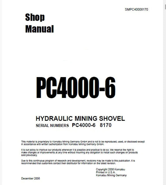Komatsu PC4000-6 Hydraulic Mining Shovel Pdf Repair Service Manual Sn 8170