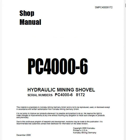 Komatsu PC4000-6 Hydraulic Mining Shovel Pdf Repair Service Manual Sn 8172