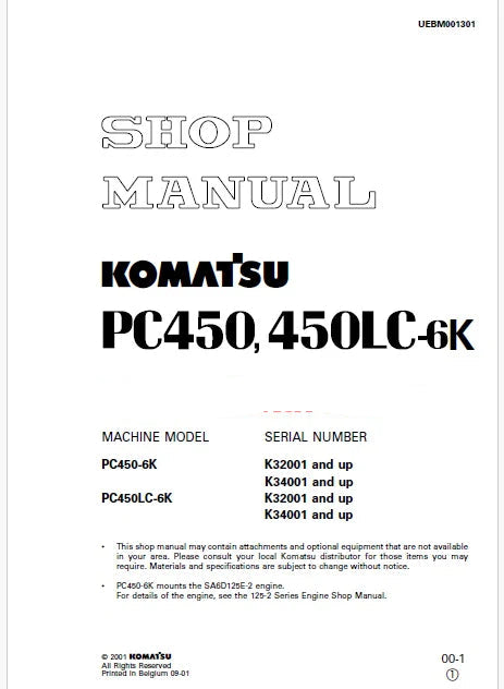 Komatsu PC450-6K Hydraulic Excavator Pdf Shop Repair Service Manual Sn K34001 and UP