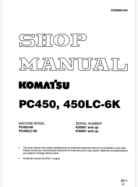 Komatsu PC450-6K, PC450LC-6K Hydraulic Excavator Pdf Shop Repair Service Manual Sn K30001 and UP