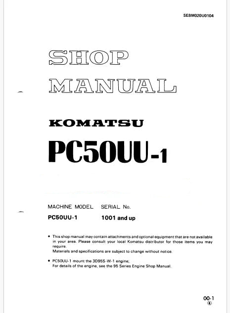 Komatsu PC50UU-1 Hydraulic Excavator Pdf Repair Service Manual Sn 1001 and UP
