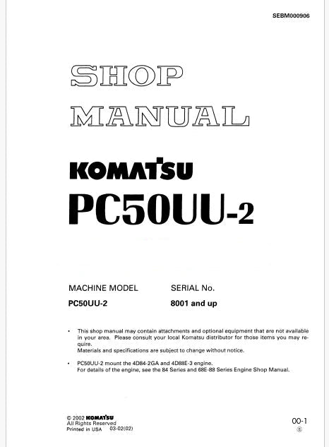 Komatsu PC50UU-2 Hydraulic Excavator Pdf Repair Service Manual Sn 8001 and UP