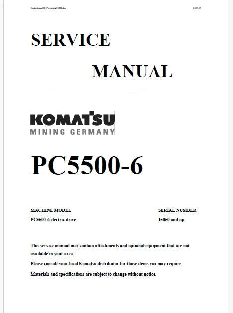Komatsu PC5500-6 Hydraulic Mining Shovel Pdf Repair Service Manual Sn 15050 and UP