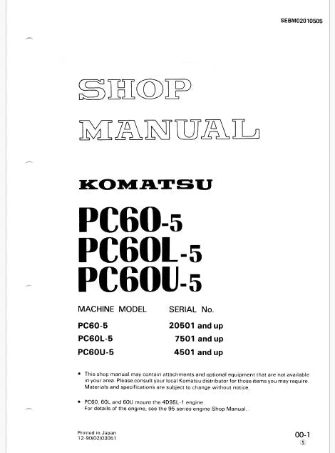 Komatsu PC60-5 Hydraulic Excavator Pdf Repair Service Manual Sn 20501 and UP