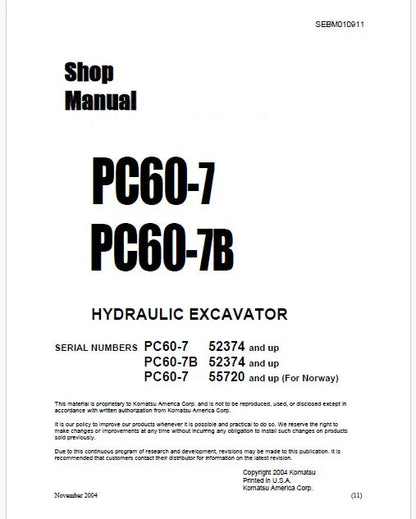 Komatsu PC60-7 Hydraulic Excavator Pdf Repair Service Manual Sn 52374 and UP