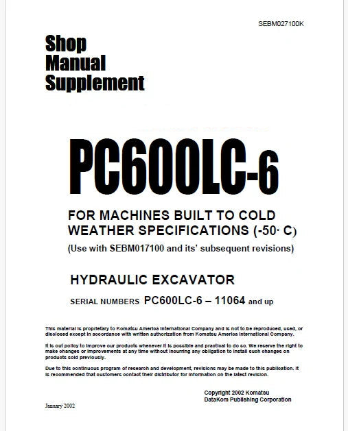 Komatsu PC600LC-6 Hydraulic Excavator Pdf Shop Manual Supplement Sn 11064 and UP