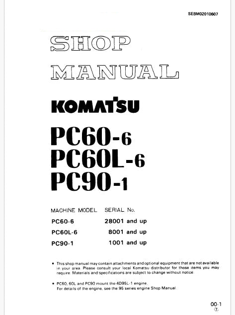 Komatsu PC60L-6 Hydraulic Excavator Pdf Repair Service Manual Sn 8001 and UP