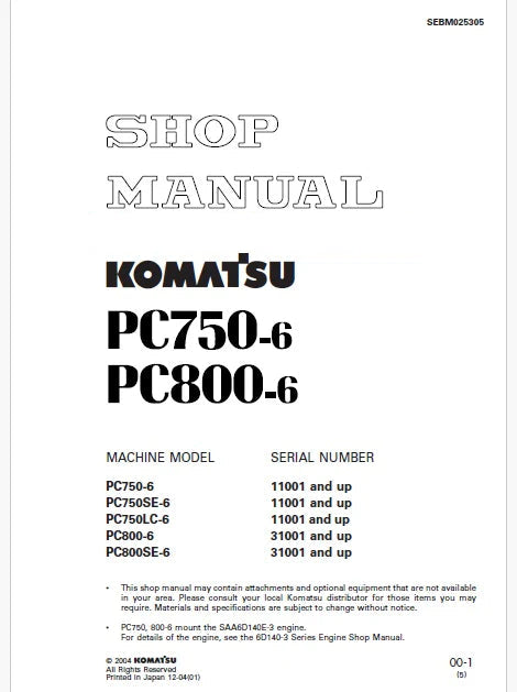 Komatsu PC750-6, PC750SE-6, PC750LC-6 Hydraulic Excavator Pdf Shop Repair Service Manual Sn 11001 and UP