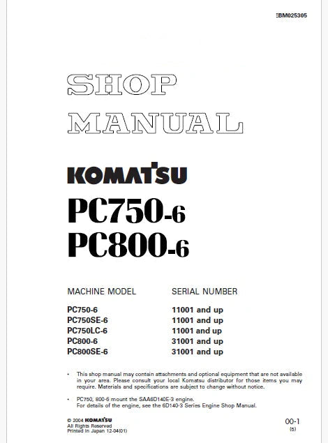 Komatsu PC750-6, PC750SE-6, PC750LC-6 Hydraulic Excavator Pdf Shop Repair Service Manual Sn 11001 and UP
