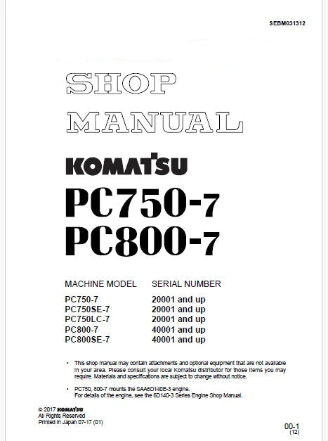 Komatsu PC750-7, PC750SE-7, PC750LC-7 Hydraulic Excavator Pdf Shop Repair Service Manual Sn 20001 and UP