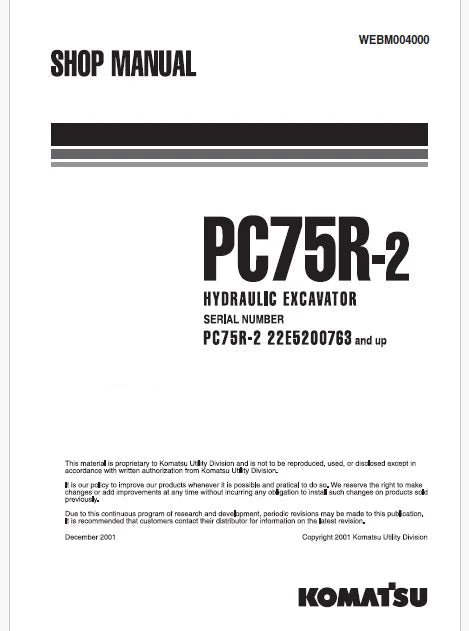 Komatsu PC75R-2 Hydraulic Excavator Pdf Repair Service Manual Sn 22E5200763 and UP