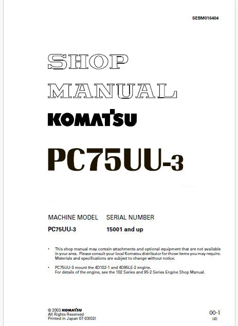 Komatsu PC75UU-3 Hydraulic Excavator Pdf Repair Service Manual Sn 15001 and UP