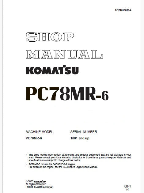 Komatsu PC78MR-6 Hydraulic Excavator Pdf Repair Service Manual Sn 1001 and UP