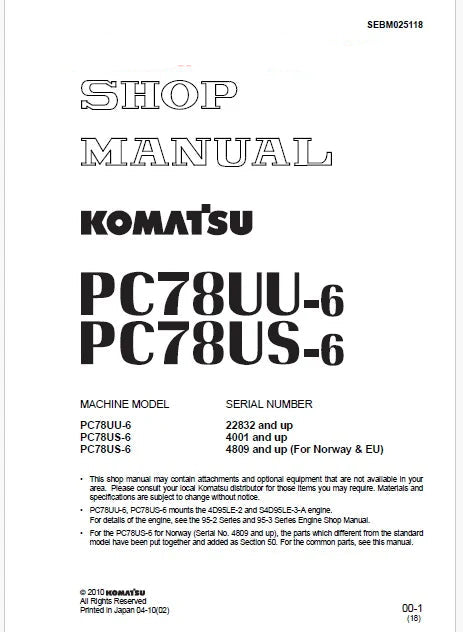 Komatsu PC78UU-6 Hydraulic Excavator Pdf Repair Service Manual Sn 22832 and UP