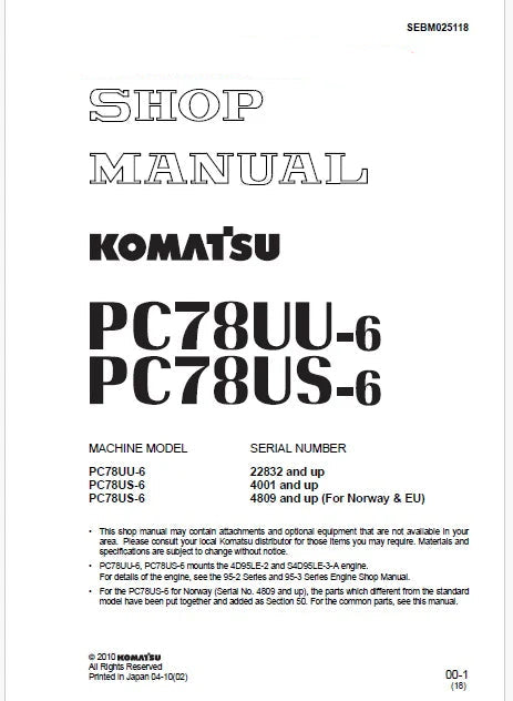 Komatsu PC78UU-6 Hydraulic Excavator Pdf Repair Service Manual Sn 4809 and UP (For Norway & EU)