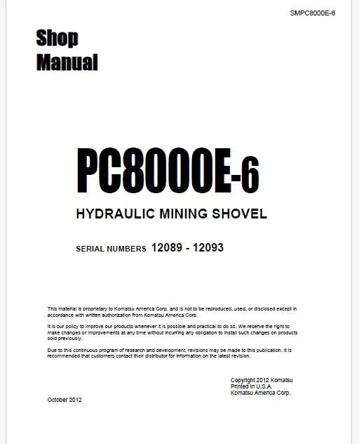 Komatsu PC8000E-6 Hydraulic Mining Shovel Pdf Repair Service Manual Sn 12089 - 12093