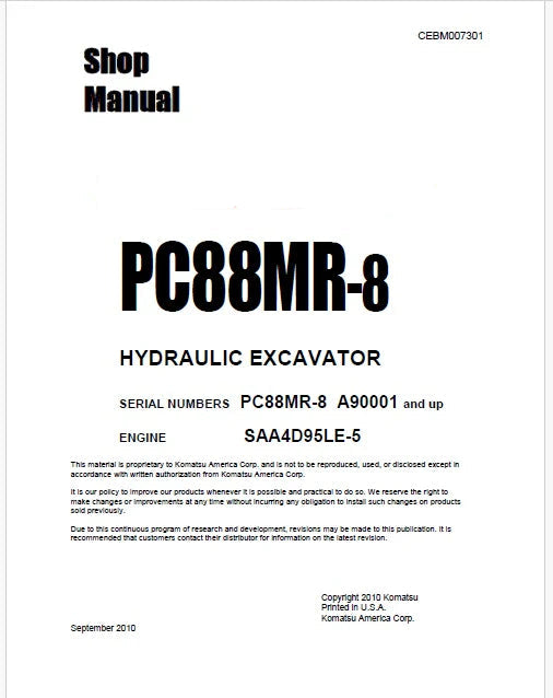 Komatsu PC88MR-8 Hydraulic Excavator Pdf Shop Repair Service Manual Sn A90001 and UP