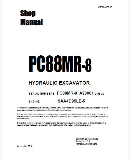 Komatsu PC88MR-8 Hydraulic Excavator ecot3 Pdf Repair Service Manual Sn A90001 and UP