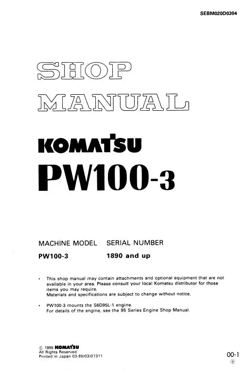 Komatsu PW100-3 Wheeled Hydraulic Excavator Pdf Shop Repair Service Manual (Sn 1890 And UP)