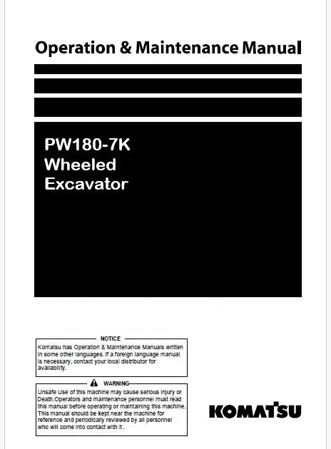 Komatsu PW180-7K Wheeled Excavator Pdf Operation and Maintenance Manua