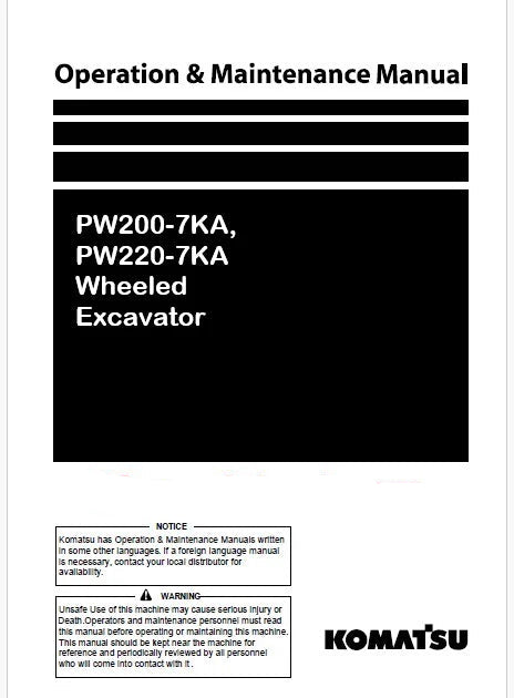 Komatsu PW200-7KA, PW220-7KA Wheeled Excavator Pdf Operation and Maintenance Manual