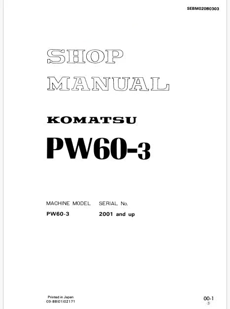 Komatsu PW60-3 Wheeled Excavator Pdf Repair Service Manual Sn 2001 and UP