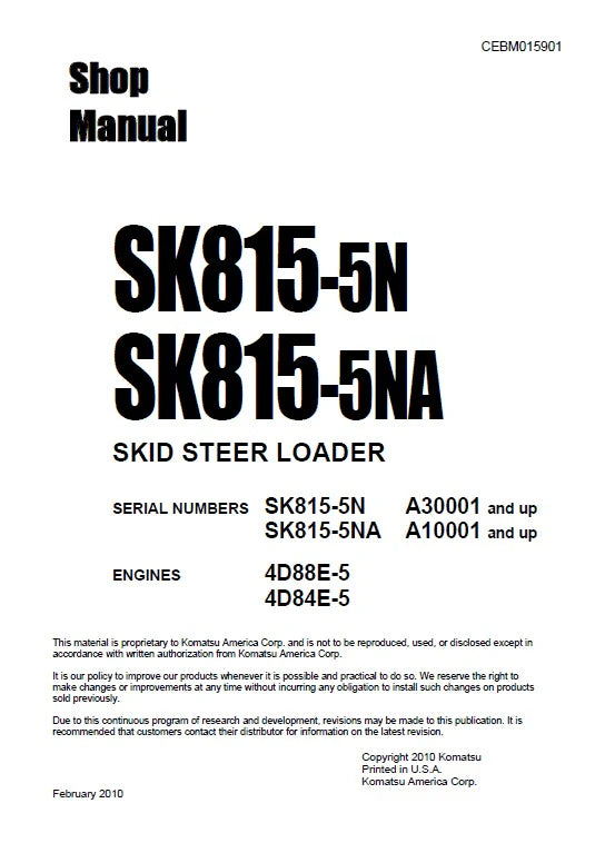 Komatsu SK815-5N, SK815-5NA Skid Steer Loader Pdf Shop Repair Service Manual