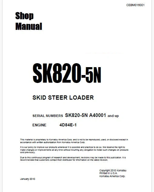 Komatsu SK820-5N Skid Steer Loader Pdf Repair Service Manual Sn A40001 and UP