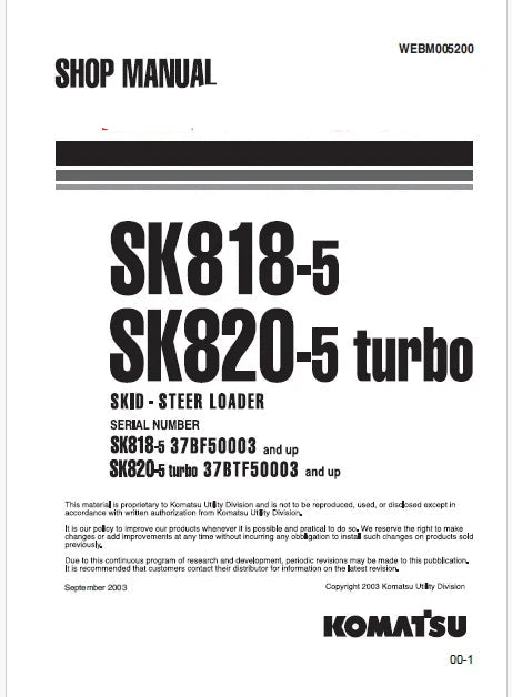 Komatsu SK820-5 turbo Skid Steer Loader Pdf Repair Service Manual Sn 37BTF50003 and UP