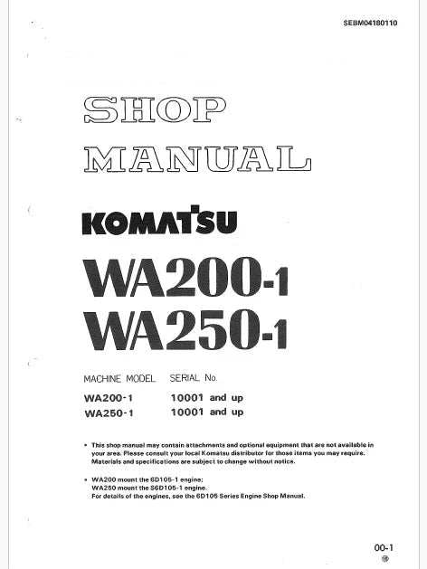 Komatsu VVA200-1, WA250-1 Wheel Loader Pdf Repair Service Manual Sn 10001 and UP
