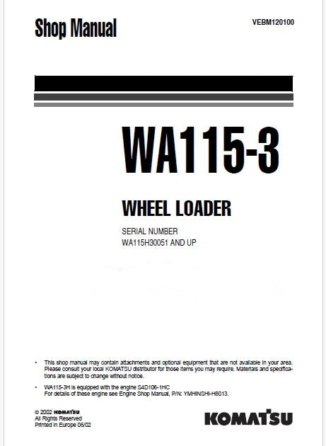 Komatsu WA115-3 Wheel Loader Pdf Repair Service Manual Sn WA115H30051 and UP
