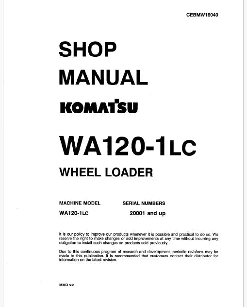 Komatsu WA120-1LC, WA120-1 LC Wheel Loader Pdf Repair Service Manual Sn 20001 and UP