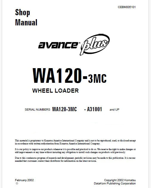 Komatsu WA120-3MC Avance Plus Wheel Loader Pdf Repair Service Manual Sn A31001 and UP