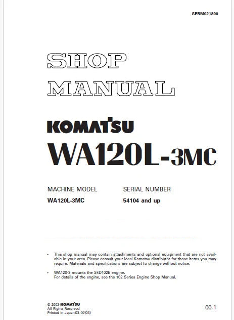 Komatsu WA120L-3MC Wheel Loader Pdf Repair Service Manual Sn 54104 and UP
