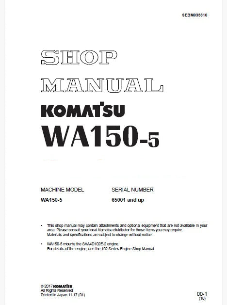 Komatsu WA150-5 Wheel Loader Pdf Repair Service Manual Sn 65001 and UP