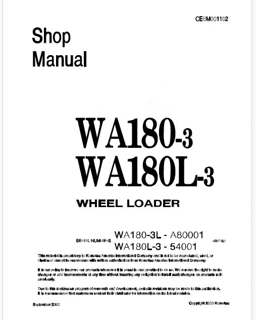 Komatsu WA180-3L Wheel Loader Pdf Repair Service Manual Sn A80001 and UP