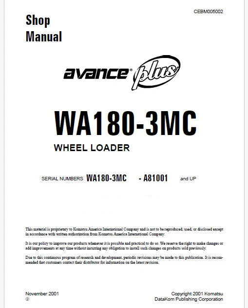 Komatsu WA180-3MC Avance Plus Wheel Loader Pdf Repair Service Manual Sn A81001 and UP