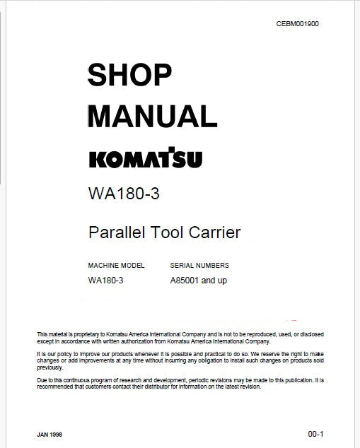 Komatsu WA180-3 Parallel Tool Carrier Pdf Repair Service Manual Sn A85001 and UP