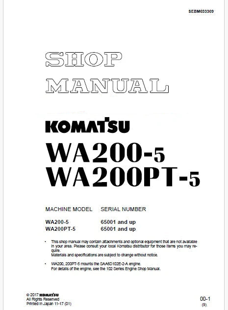 Komatsu WA200-5, WA200PT-5 Wheel Loader Pdf Repair Service Manual Sn 65001 and UP