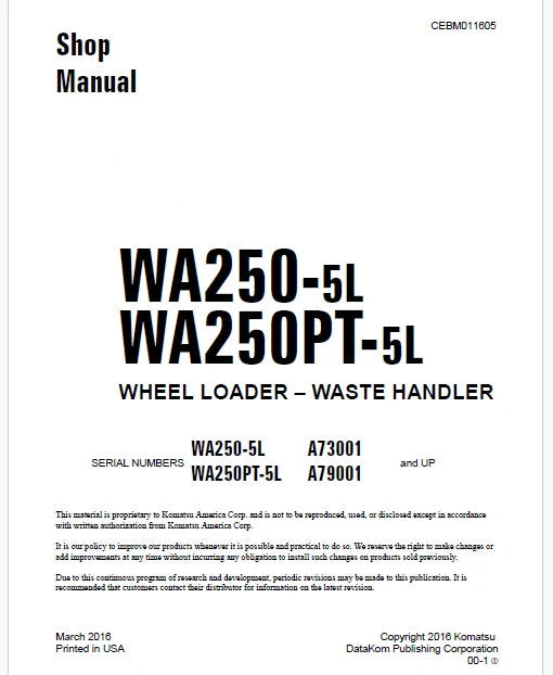 Komatsu WA250PT-5L Wheel Loader – Waste Handler Pdf Repair Service Manual Sn A79001 and UP