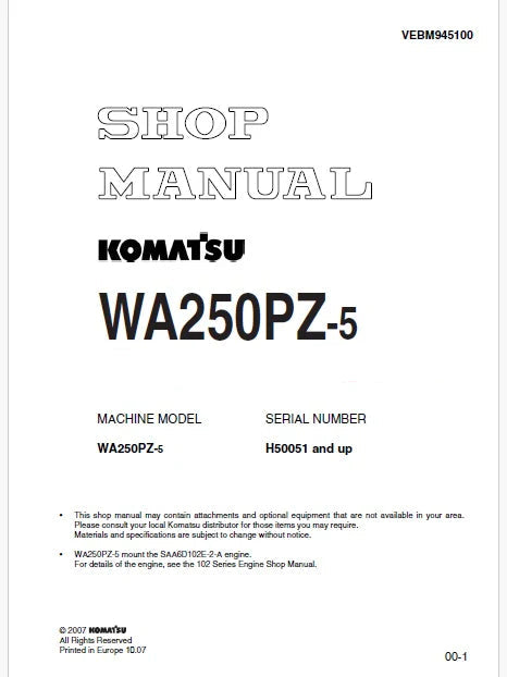 Komatsu WA250PZ-5 Wheel Loader Pdf Repair Service Manual Sn H50051 and UP