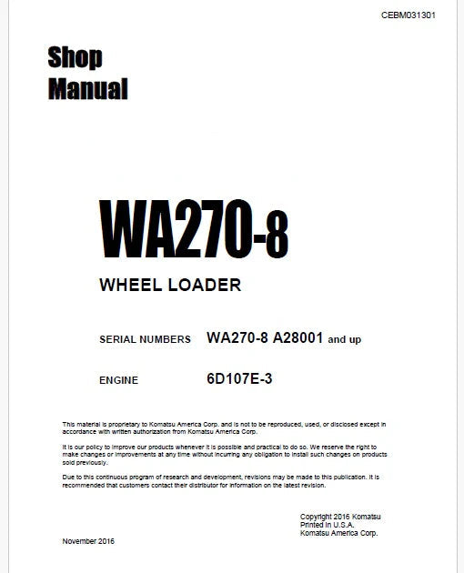 Komatsu WA270-8 Wheel Loader Pdf Repair Service Manual Sn A28001 and UP