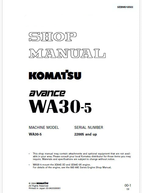 Komatsu WA30-5 Avance Wheel Loader Pdf Repair Service Manual Sn 22005 and UP