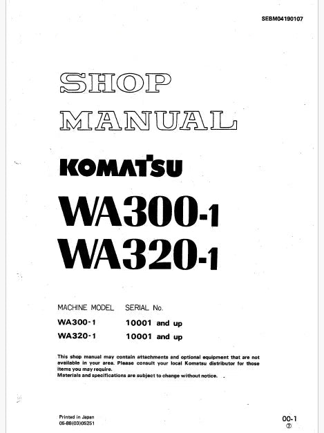 Komatsu WA300-1, WA320-1 Wheel Loader Pdf Repair Service Manual Sn 10001 and UP