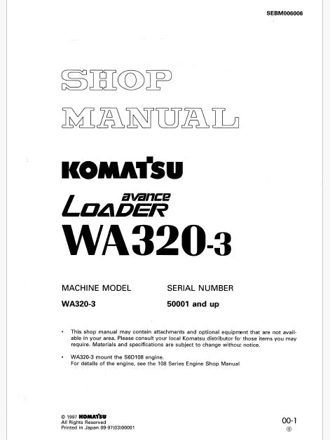 Komatsu WA320-3 Avance Wheel Loader Pdf Repair Service Manual Sn 50001 and UP