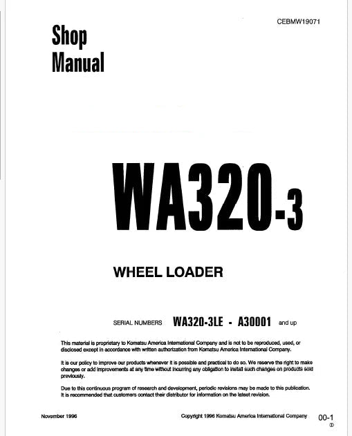 Komatsu WA320-3 LE, WA320-3LE Wheel Loader Pdf Repair Service Manual Sn A30001 and UP